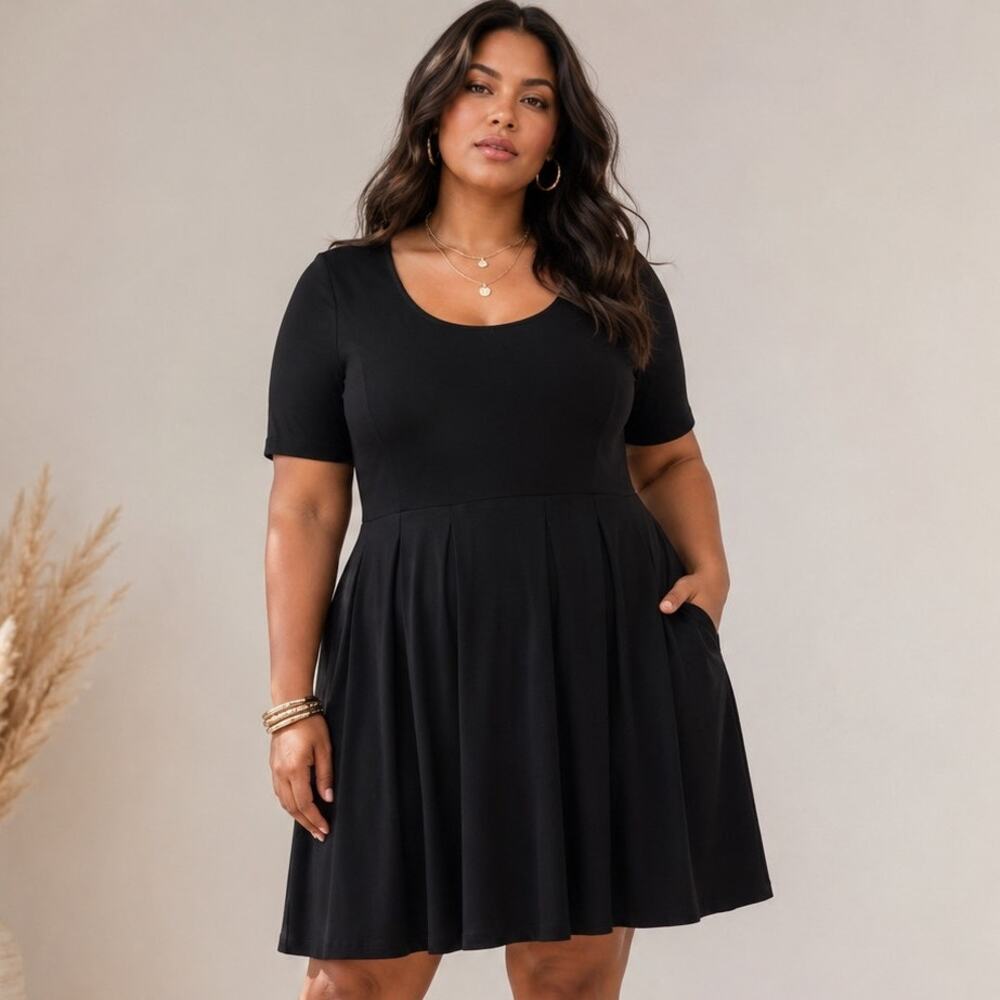 Betabrand Dress Womens XXL Black Scoop Neck Pleated A-Line Pockets Stretch Comfy
